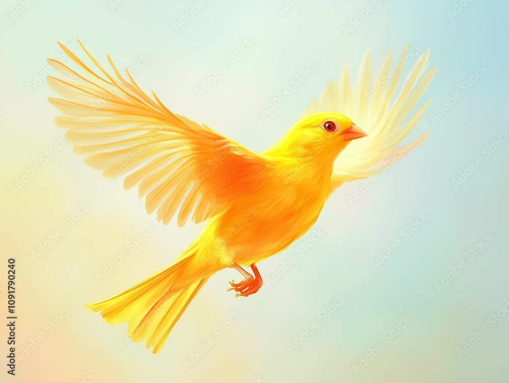 Obraz premium An illustration of a vibrant canary in mid-flight, with its wings fully extended and feathers detailed in shades of bright yellow and soft orange