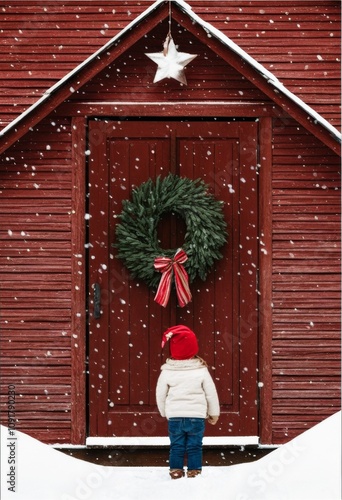 Ein Kind mit roter Mütze steht vor einer verschneiten roten Holztür, dekoriert mit Weihnachtskranz und Stern, in stiller Winteratmosphäre. Generative KI. photo