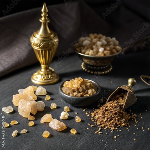 Frankincense and myrrh with golden censer on dark surface photo