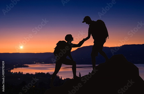 silhouette of a couple walking on the mountain