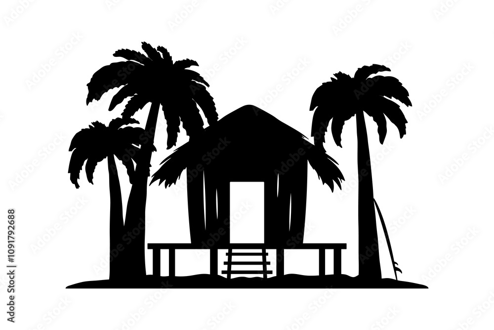 Obraz premium House, palm trees and surfboard icon. Bungalow. Black silhouette. Front view. Vector simple flat graphic illustration. Isolated object on white background. Isolate.