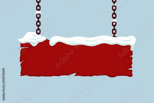 Hanging snowy signboard with chains. Colored silhouette. Horizontal front view. Vector simple flat graphic illustration. Isolated object on blue background. Isolate.