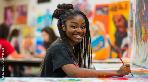 Smiling young artist painting in a colorful art classroom