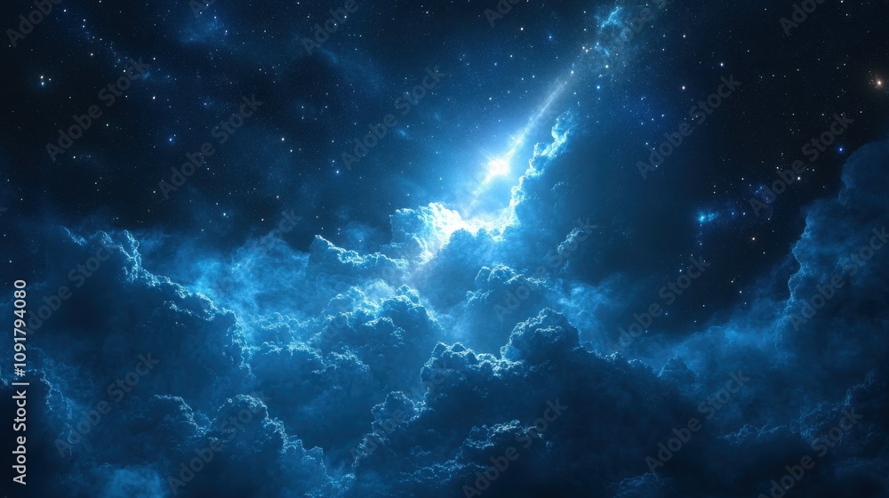 Obraz premium A breathtaking cosmic scene, showcasing a vibrant nebula illuminated by a radiant streak of light. The deep blues and contrasting brightness create a dramatic, otherworldly atmosphere.