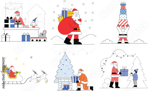 santa claus with christmas gifts illustration vector set