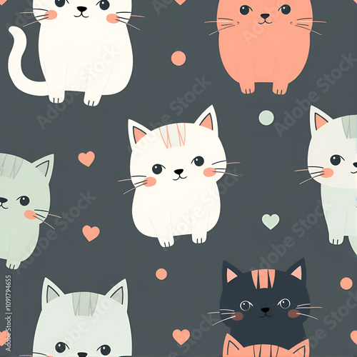 Vector cute cats pastel color seamless pattern background.