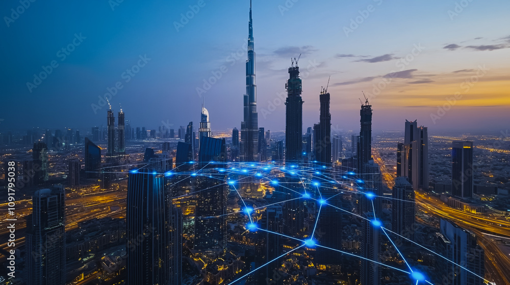 custom made wallpaper toronto digitalSmart digital Innovation Business skyscrapers in the Financial District with connection network reciprocity over the cityscape. of future smart wireless digital city and social media networking