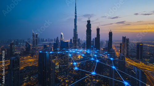 Wallpaper Mural Smart digital Innovation Business skyscrapers in the Financial District with connection network reciprocity over the cityscape. of future smart wireless digital city and social media networking Torontodigital.ca