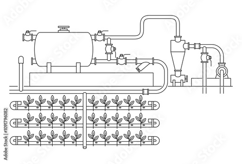 Drip irrigation system scheme with equipment. Scheme in thin line