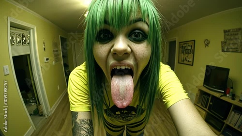 Energetic greenhaired person embracing quirky expressions in a vibrant room photo