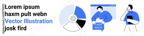 Gear cog in pie chart for analytics, person examining cashback document, individual with clipboard. Ideal for business strategy, finance, analysis, digital marketing, infographics, e-commerce