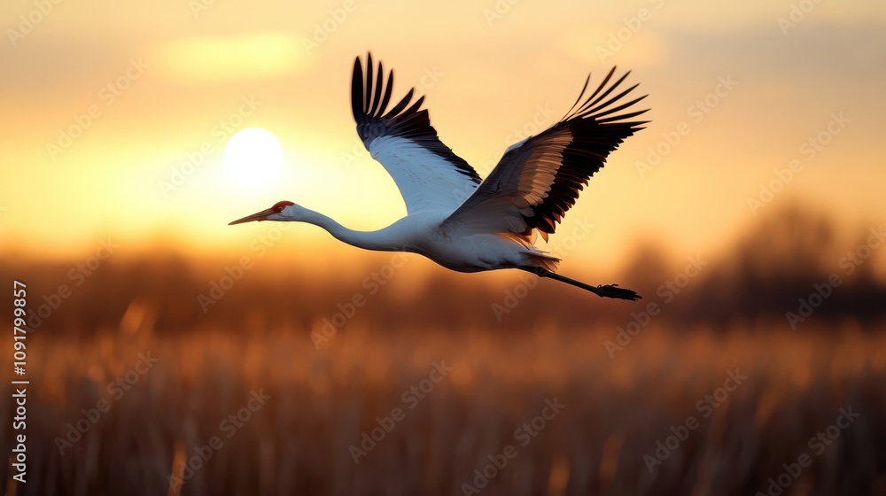 Fototapeta premium Silhouette of a crane in flight against a golden sunset sky, evoking grace and freedom in the tranquil natural world.