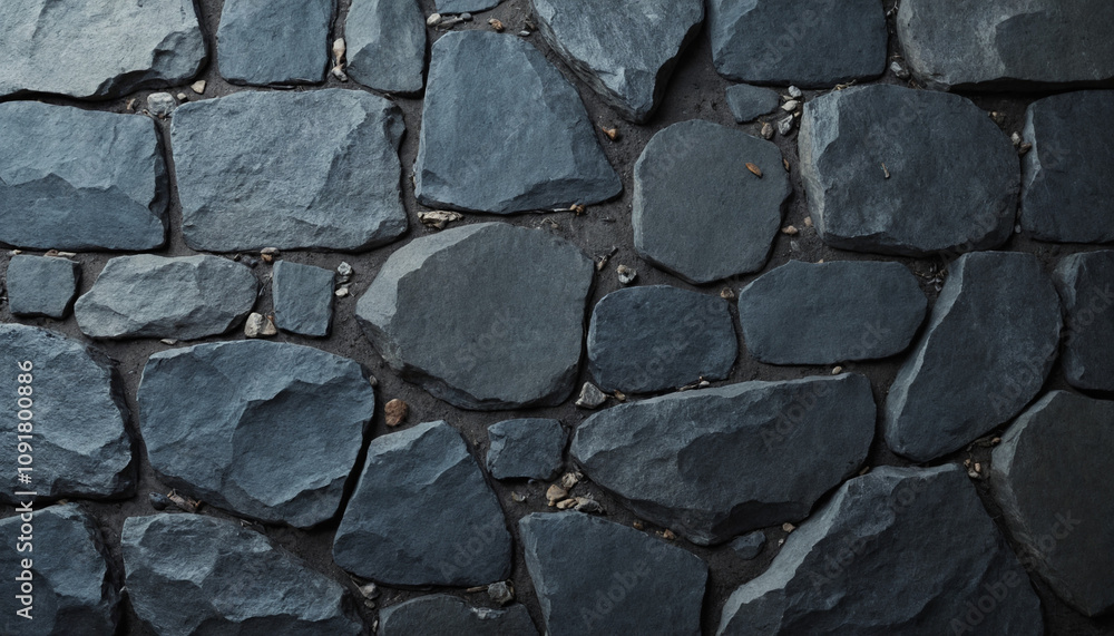 Fototapeta premium Rough stone wall with dark rocks and irregular shapes in a rugged design