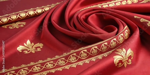 Crested Ss A lush piece of red silk with golden ss adorned with crests along their backs enhancing their majestic appearance and elevating the fabrics luxury. photo