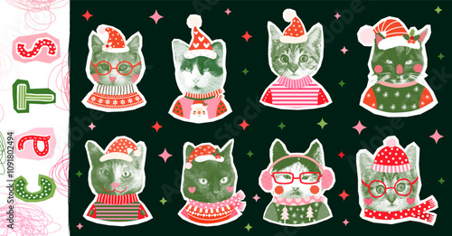 Christmas vector cat collage, funny cat faces with ugly sweaters and scarf for holiday graphic design and posters