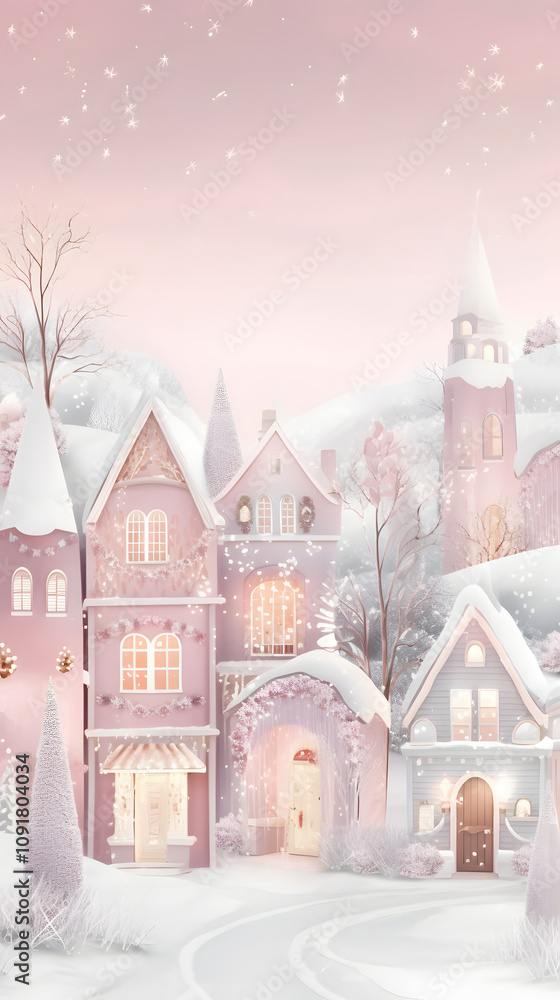 Fototapeta premium A picturesque winter village illuminated with pastel colors under soft snowfall.