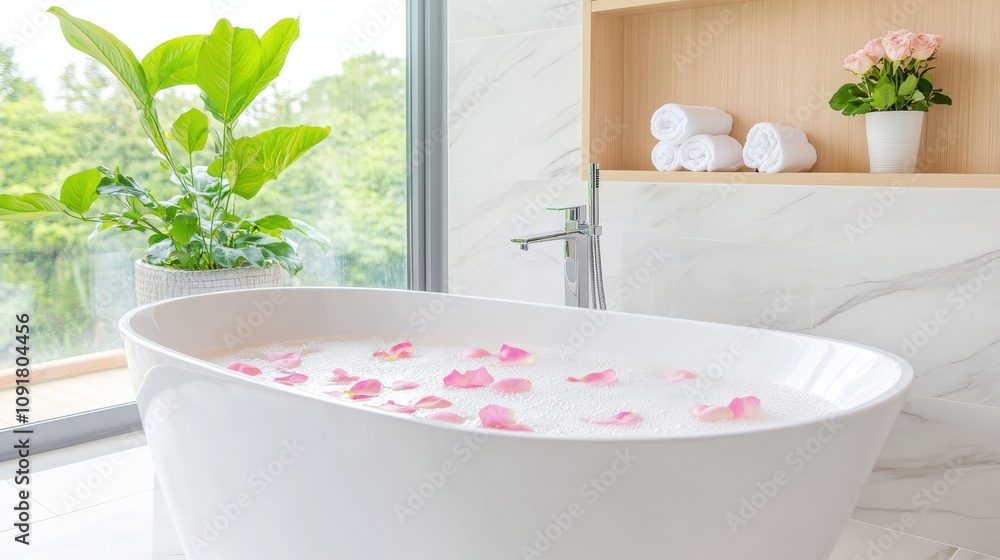 Fototapeta premium Modern Bathroom with Rose Petals in a Luxurious Bathtub