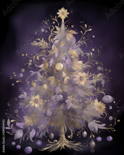 A beautifully designed Christmas tree adorned with floral elements and ornaments in purple and gold hues.