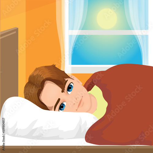 young boy waking up in his bed