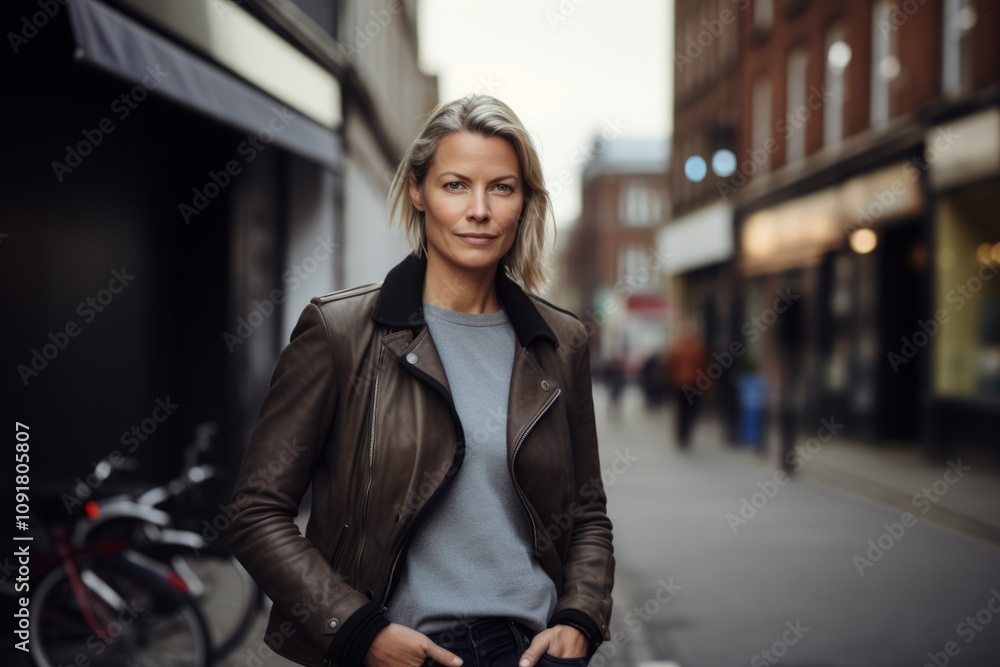 Portrait of a beautiful blond woman in a leather jacket on the street Portrait of a beautiful blond woman in a leather jacket on the street