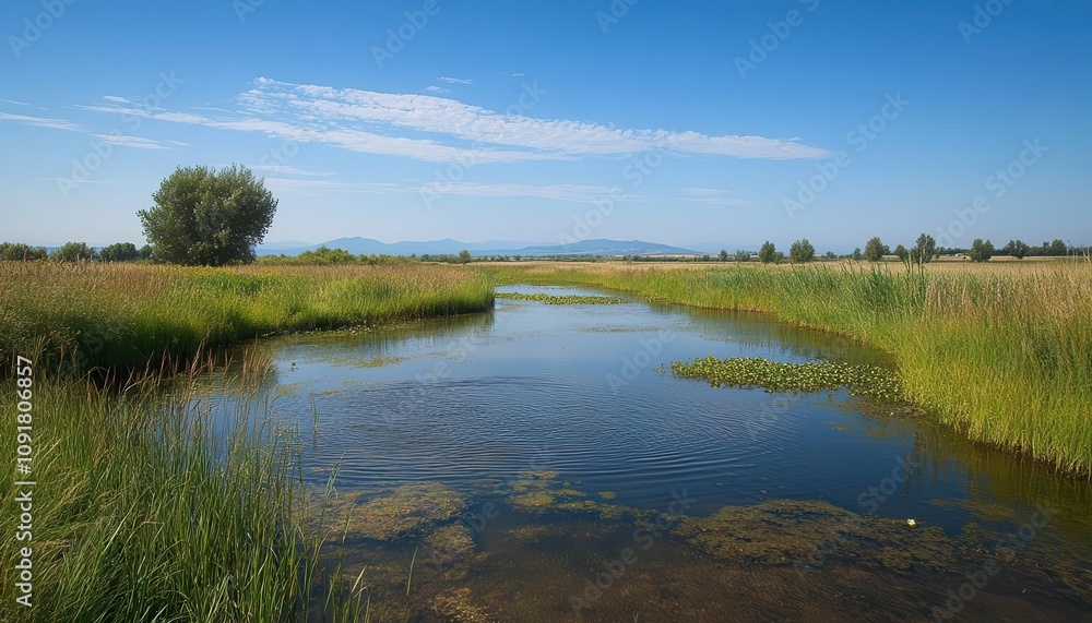 Obraz premium A wetland area created on a farm for wildlife support, Natural Habitat, Safe and biodiverse