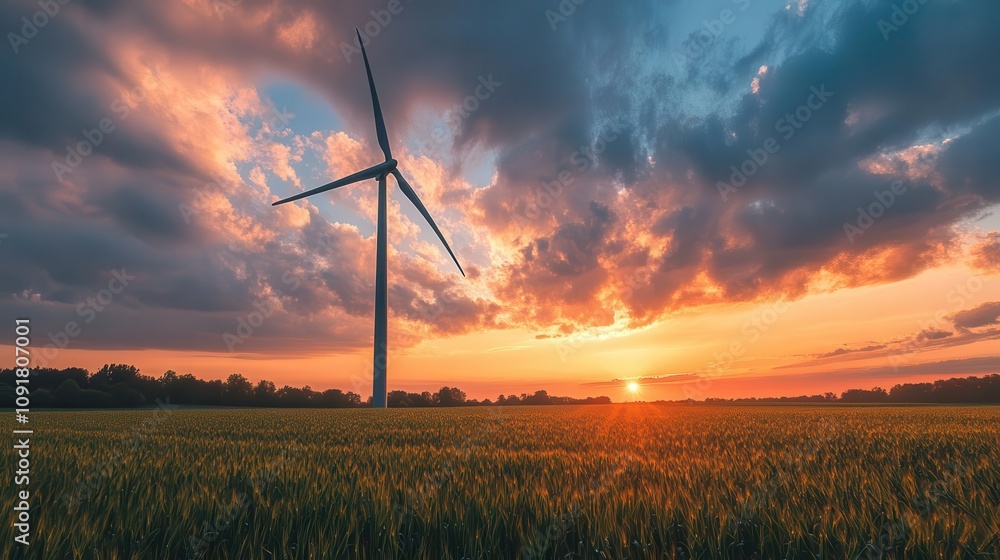 Obraz premium A wind turbine on farmland providing renewable energy, Sustainable Power, Green and efficient
