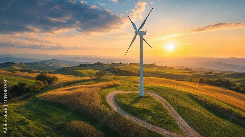 Obraz premium A wind turbine on farmland providing renewable energy, Sustainable Power, Green and efficient