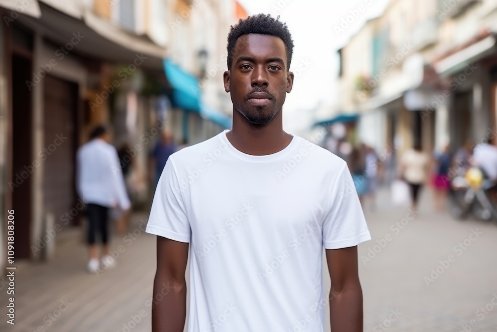 Fototapeta premium A man wearing a white shirt stands in front of a busy street