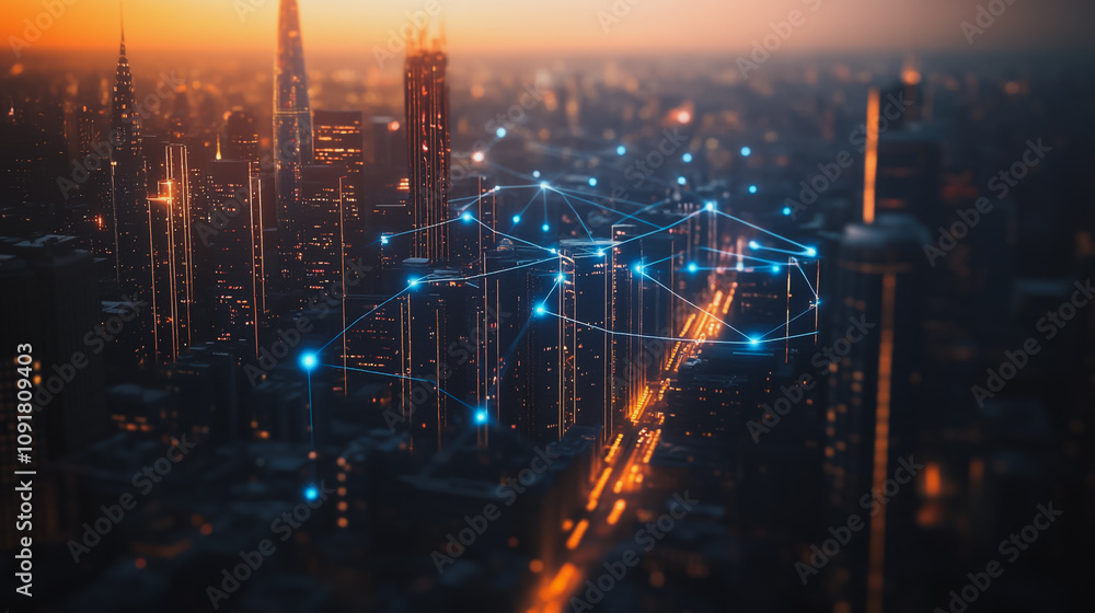 Obraz premium Smart digital Innovation Business skyscrapers in the Financial District with connection network reciprocity over the cityscape. of future smart wireless digital city and social media networking
