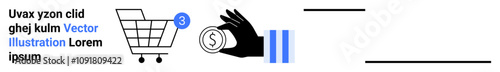 Shopping cart with 3 notifications, hand holding currency. Ideal for e-commerce, online shopping, financial transactions, notifications, sales, money handling, and business transactions. Landing page