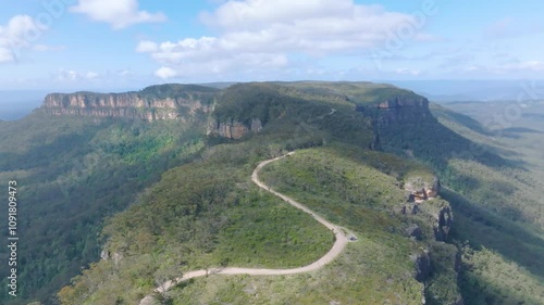 Drone aerial footage of the scenic Narrow Neck Plateau and Peninsula located between Jamison Valley and Megalong Valley near Katoomba in the Blue Mountains in New South Wales, Australia. photo