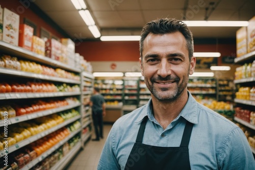 Close portrait of a smiling 40s Macedonian male grocer standing and looking at the camera, Macedonian grocery store blurred background