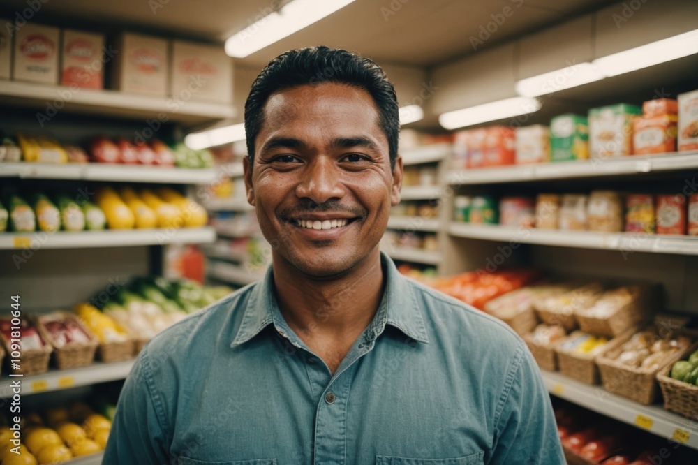 Close portrait of a smiling 40s Marshallese male grocer standing and looking at the camera, Marshallese grocery store blurred background Close portrait of a smiling 40s Marshallese male grocer standing and looking at the camera, Marshallese grocery store blurred background