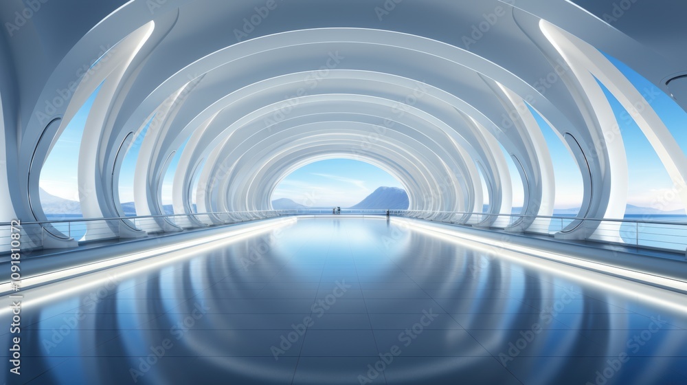 Fototapeta premium Futuristic Corridor with Curved White Arches and Reflective Floor, Overlooking a Mountainous Seascape 