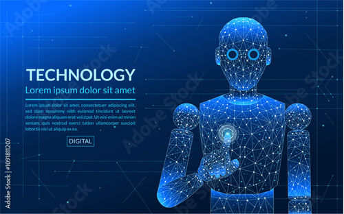 Blue polygonal futuristic assistant robot, AI digital robot clicking finger on screen technology background, Technology innovation background, Technological background,