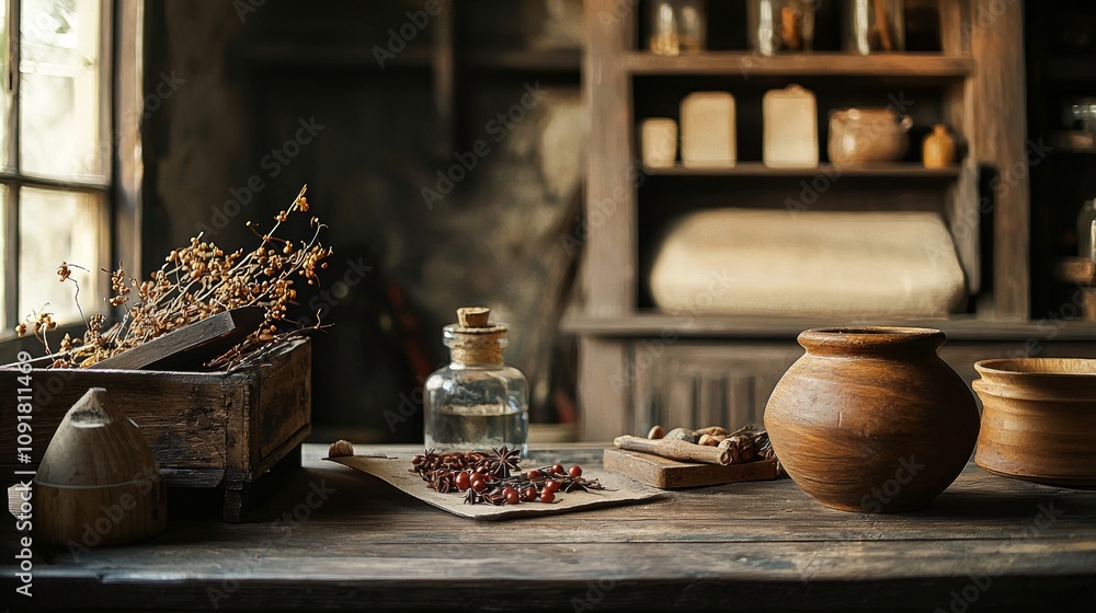 Fototapeta premium Rustic apothecary setup with dried herbs and vintage jars