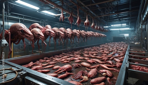 Aliens handling animal carcasses in a rotting meat factory, surrounded by stench and unsanitary equipment, Generative AI photo