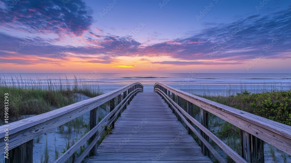 Fototapeta premium Serene sunrise over ocean beach, wooden boardwalk leads to water.