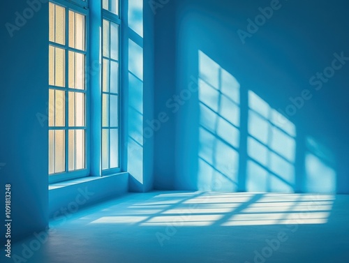 Sunlight streams through a large window in an empty room with blue walls and floor.