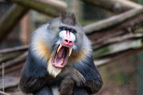 Close-up of a mandrill monkey yawning, showing its striking colorful facial markings and large canine teeth. Ideal for themes of wildlife, animal behavior, and primate photography. photo