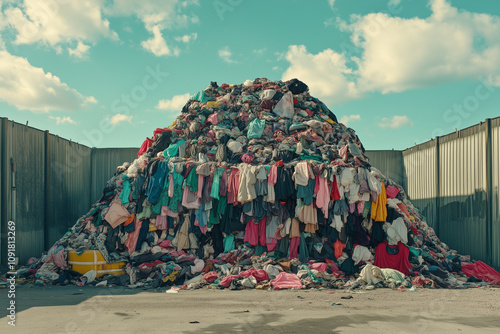 Pile of used clothes in a landfill photo