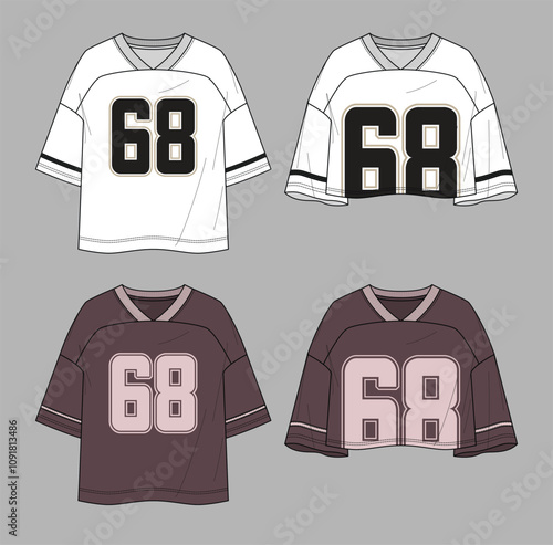 Vector short sleeved T-Shirt fashion CAD, woman v neck dropped shoulder top technical drawing, template, flat, sketch.Jersey or woven fabric 2 pieces set tee with number print collage old school style