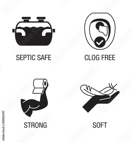 Toilet paper features icons - Soft, Strong, Clog-free, Septic-safe, in monochrome style