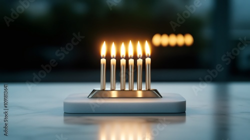 contemporary menorah, brushed silver menorah with clean lines and geometric design, adorned with white candles on marble, emitting soft glow under gentle light photo