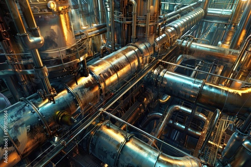 Industrial pipes and machinery in a complex facility at night showcasing intricate design and functionality