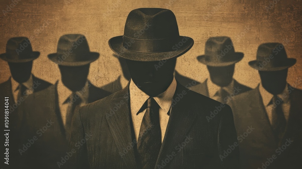 A Silhouetted Man in a Fedora Standing Before a Wall of Shadows A Silhouetted Man in a Fedora Standing Before a Wall of Shadows