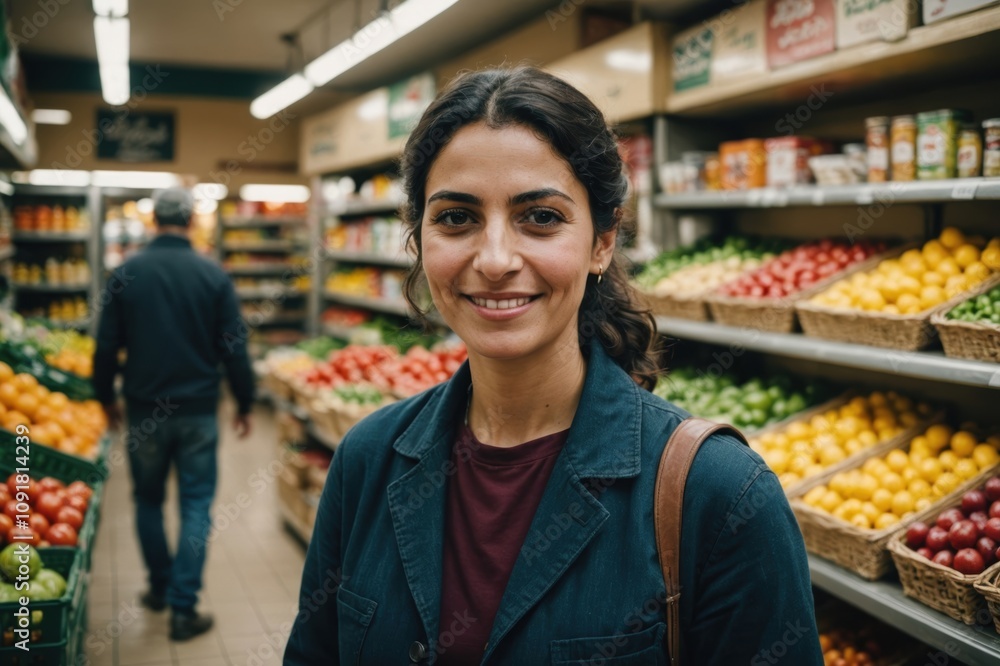 Close portrait of a smiling 40s Palestinian female grocer standing and looking at the camera, Palestinian grocery store blurred background Close portrait of a smiling 40s Palestinian female grocer standing and looking at the camera, Palestinian grocery store blurred background