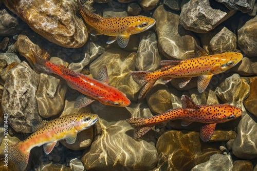Five trout swim in a clear shallow stream over a bed of smooth river rocks.