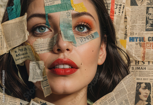 Womans Face Adorned with Vintage Newspaper Scraps and Makeup, Closeup of a womans face artistically decorated with pieces of old newspapers and vibrant makeup. Her expression is serene, eyes captivati photo