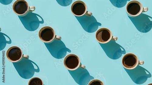 Vue aérienne de plusieurs tasses à café disposées artistiquement. photo